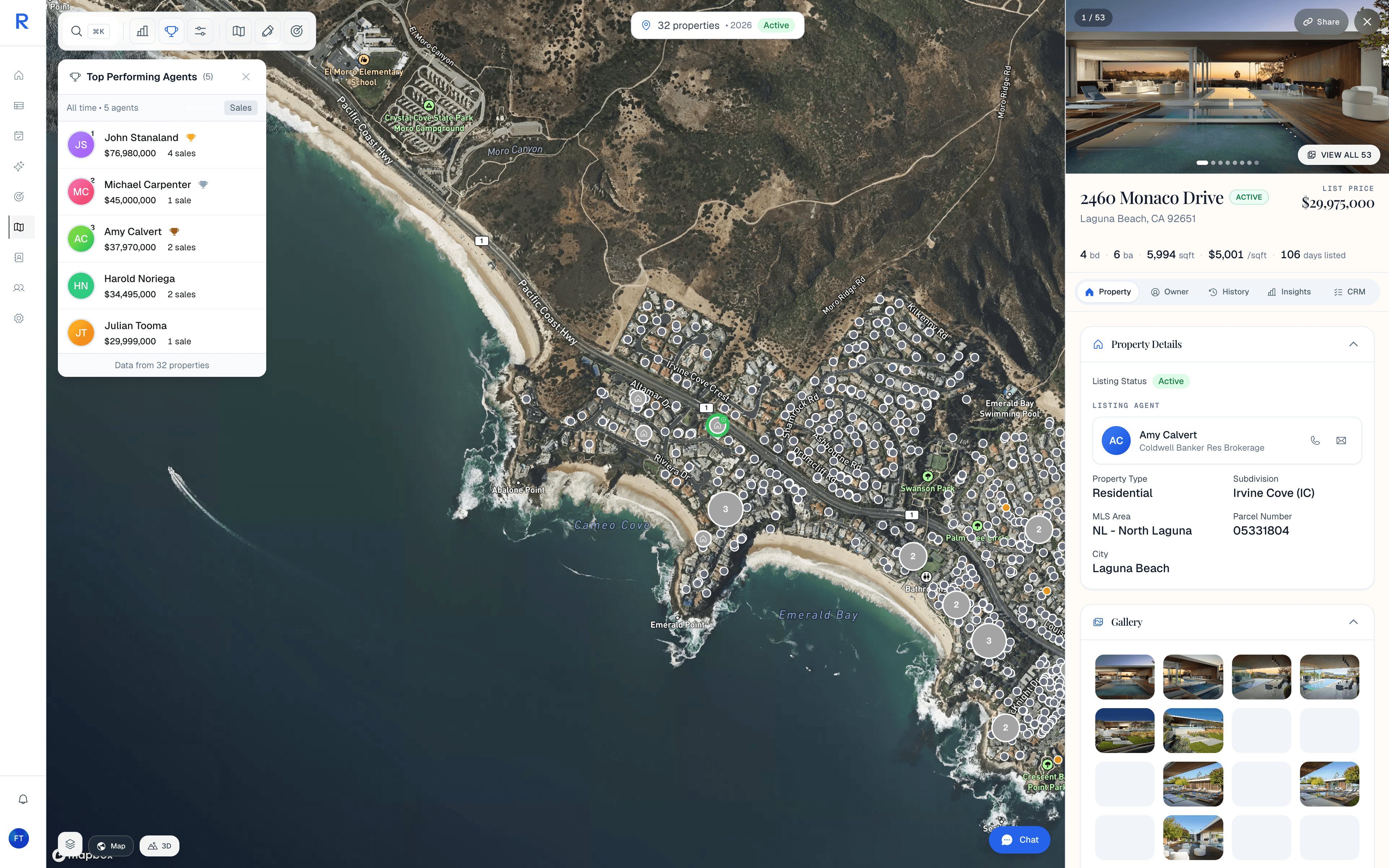 Mapverse map view with property clusters and the agent leaderboard